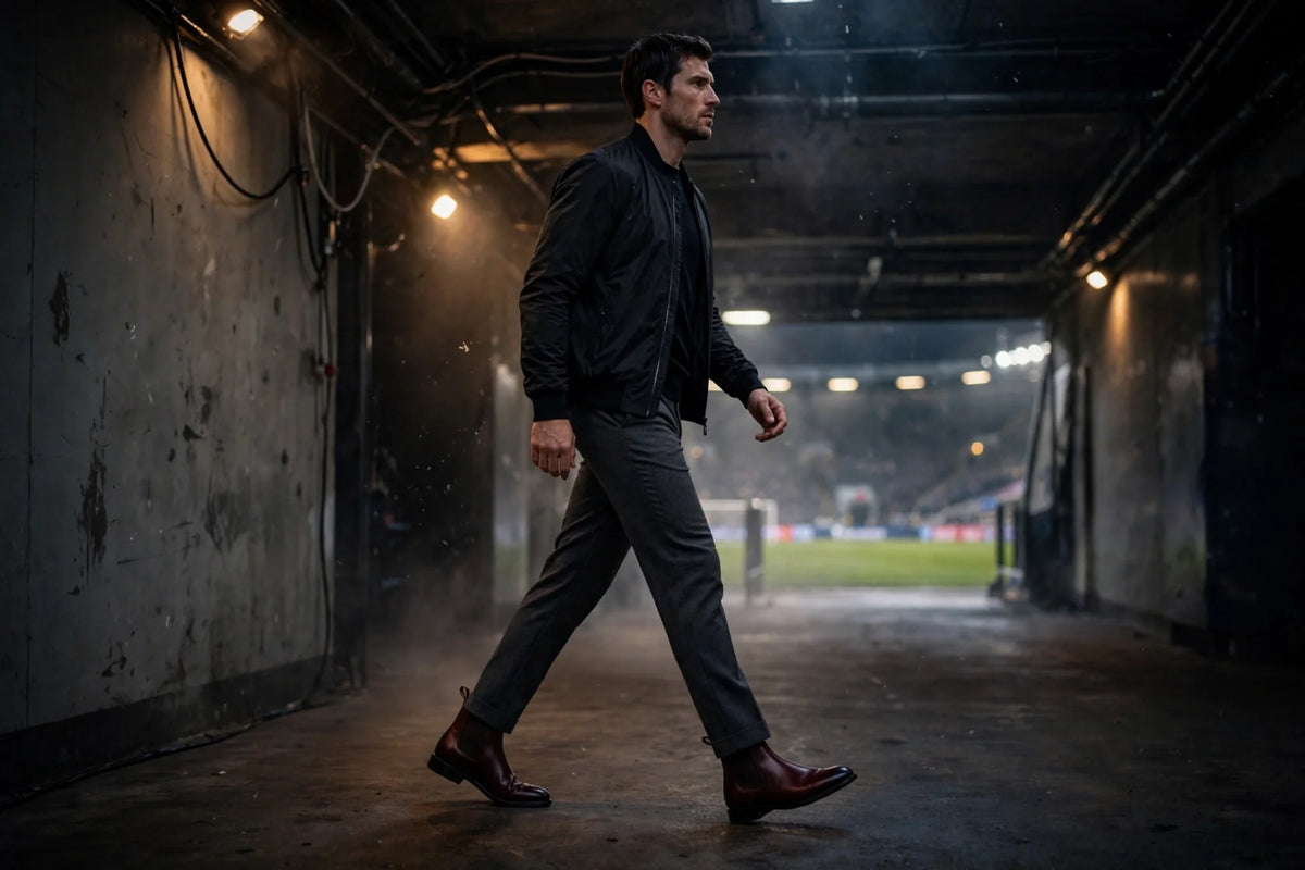 Burgundy Chelsea boots worn for a stadium tunnel walk