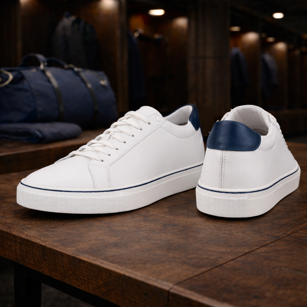 The Trevor – White Calf Cupsole with Navy Heel Tab - Palmer James Designs
