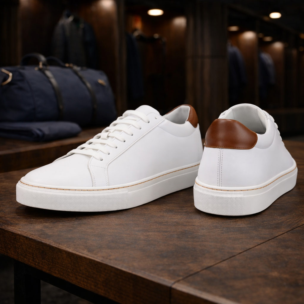 The Trevor – White Calf Cupsole with Medium Brown Heel Tab - Palmer James Designs